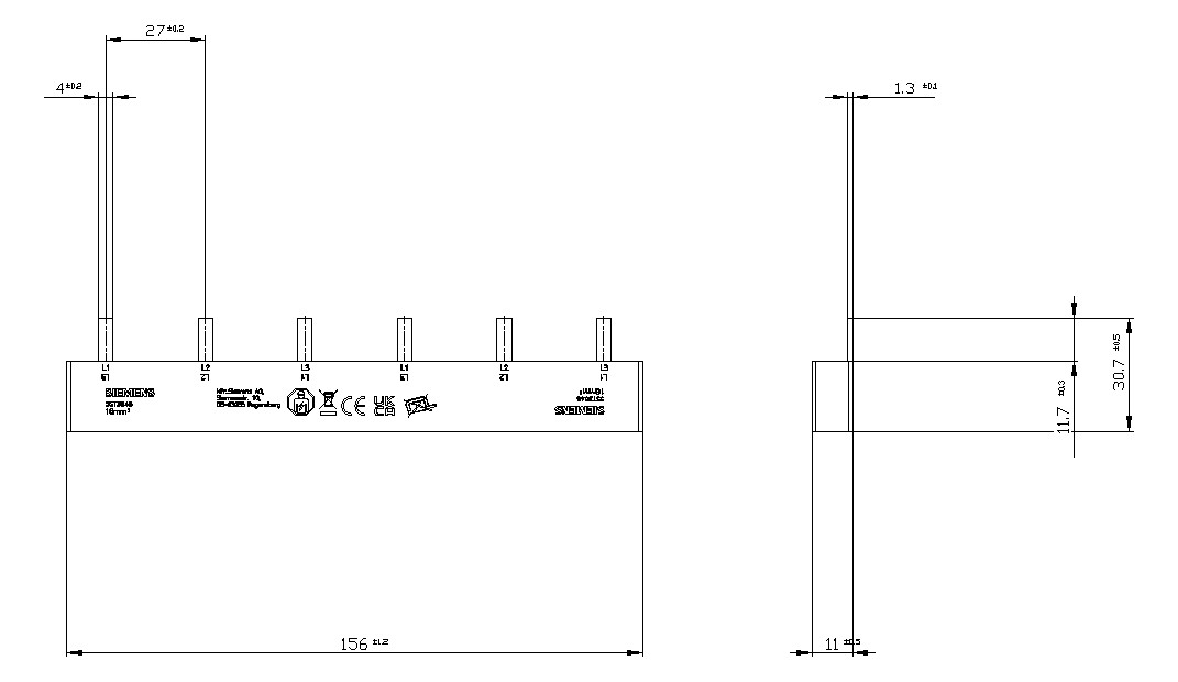 Phasenschiene 3ph 18mm 156mm 16qmm 80A Stift Isoliert