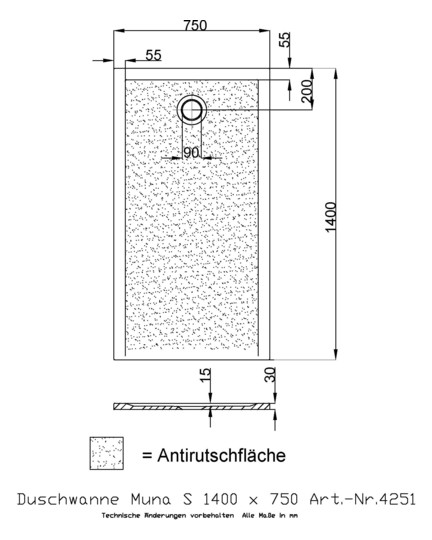 Hoesch Mineralguss-Duschwanne Muna S 140 x 75 x 3 cm, weiß, Antirutsch