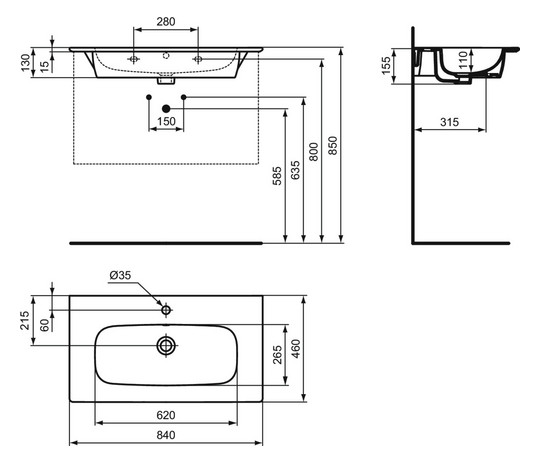 Ideal-Standard Möbelwaschtisch-Paket i.life A 84x46x64,5cm, 1 Hahnloch, Griff schwarz matt, Eiche natur