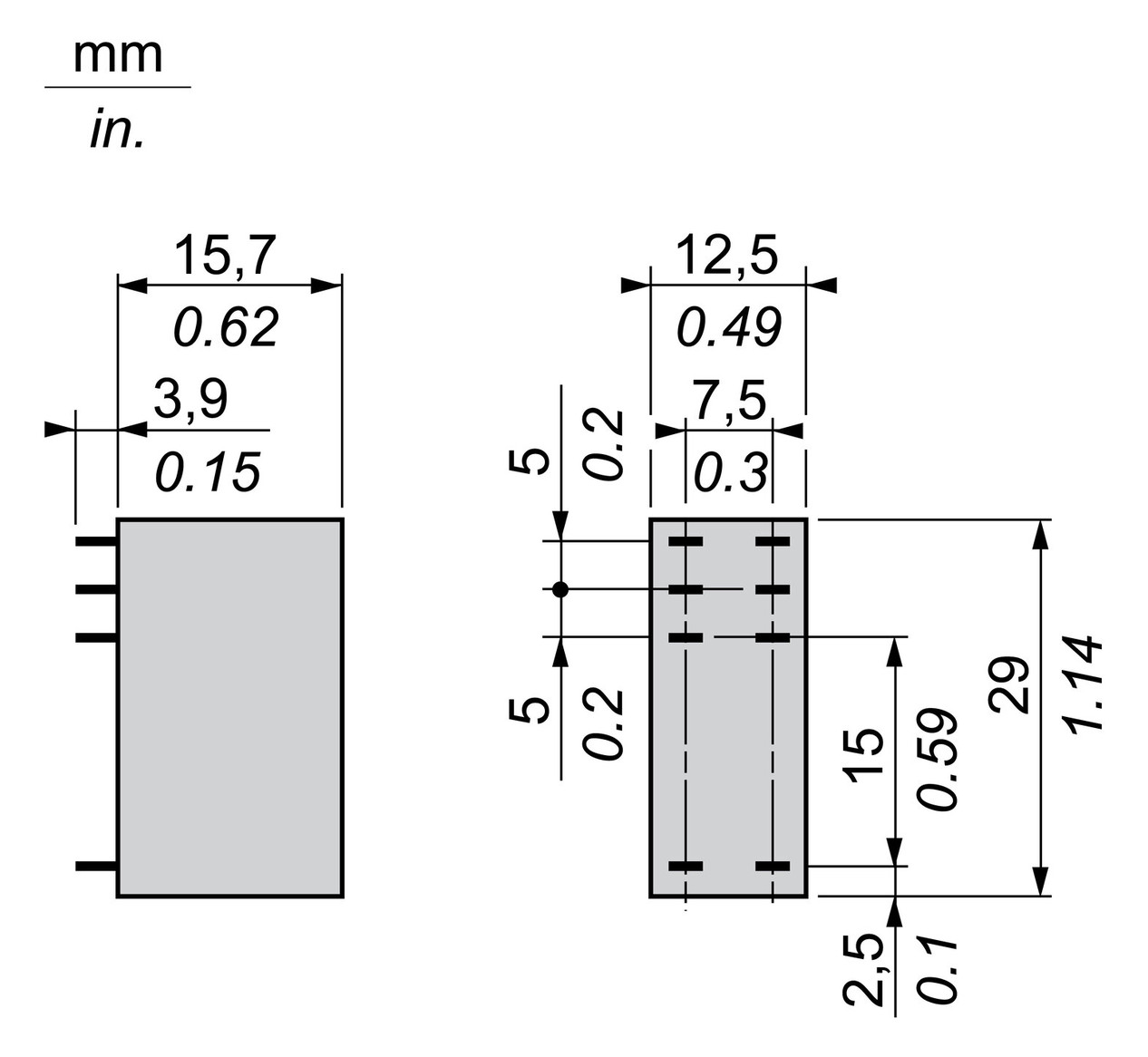 Schaltrelais 2W IP20 12,5x29x15,7mm Steckanschl
