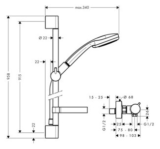 hansgrohe Brausesystem Croma 100 Multi 958 mm Brausestange, mit Thermostat, chrom hansgrohe Brausesystem Croma 100 Multi 958 mm Brausestange, mit Thermostat, chrom