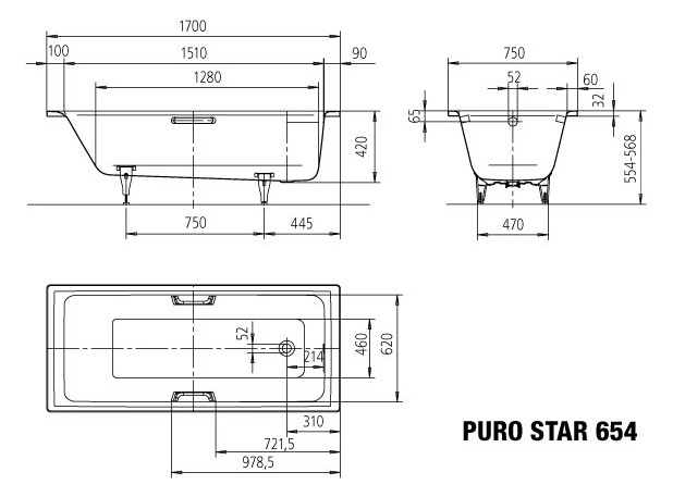 Kaldewei Badewanne PURO STAR 654 170x75cm, Antislip Perl-Effekt, pergamon