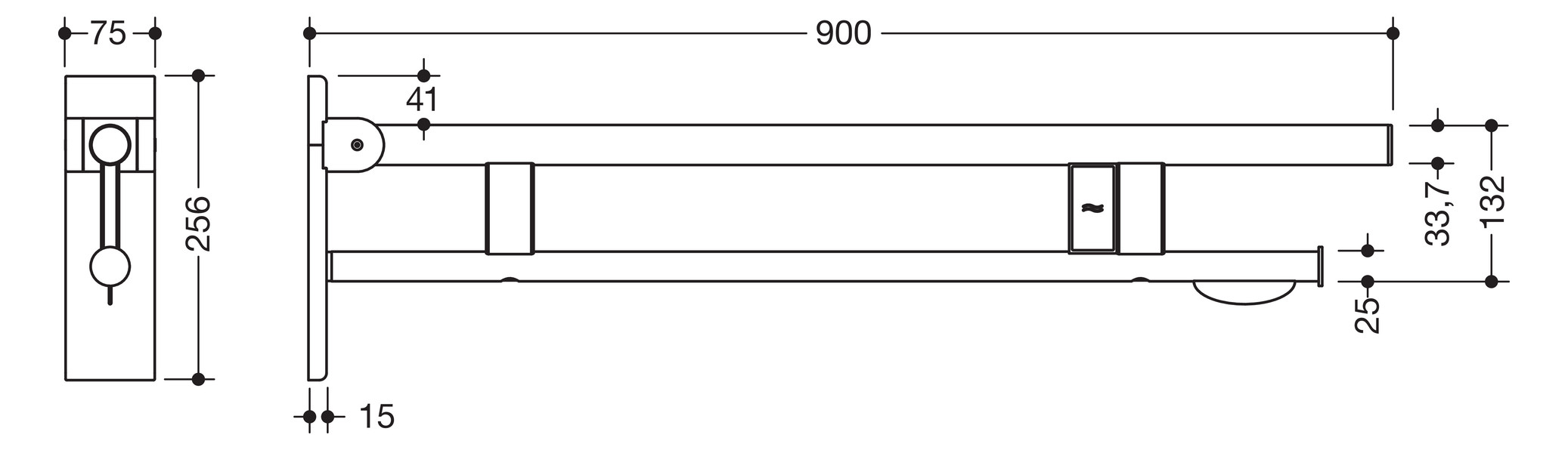 HEWI Stützklappgriff System 900 Ausladung 900 mm, Edelstahl matt geschliffen, links, WC-Papierhalter/Funk-Spülauslösung