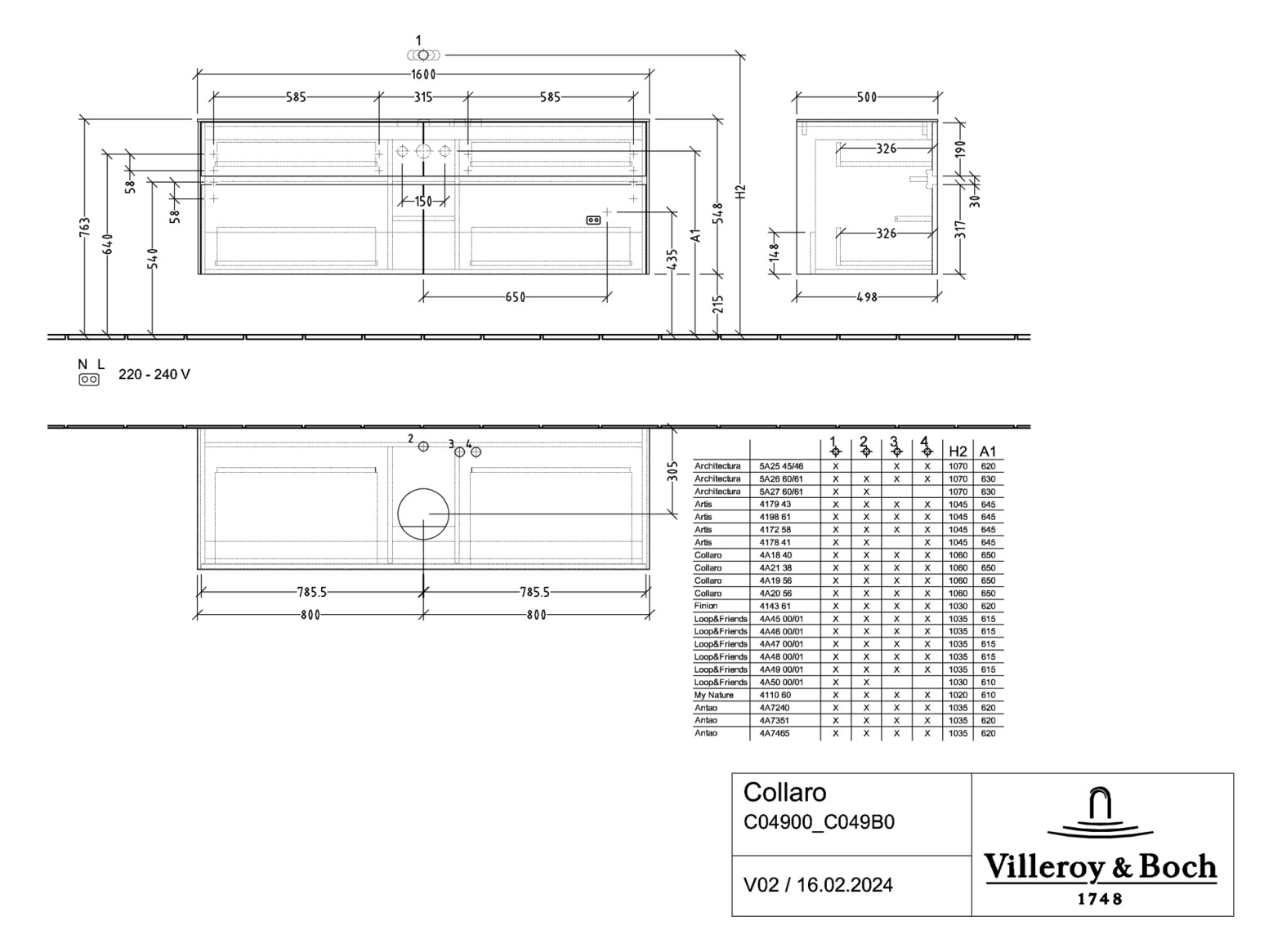 V&B Waschtischunterschrank Collaro 160x54,8x50cm, Waschtisch mittig, LED-Beleuchtung 12W, glossy white
