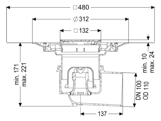 Kessel Boden-Deckenablauf Practicus DN 100, Designrost Kessel, seitlich, mit Anschlussrand