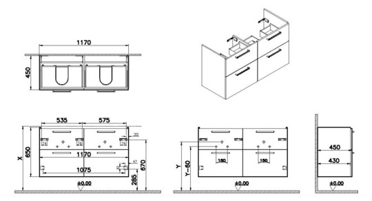 VitrA Bad Waschtisch-Unterschrank Root Flat 117x45x65cm, 4 Vollauszüge, Korpus Felsgrau Matt