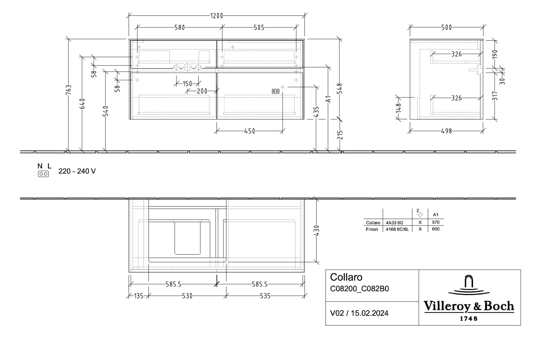V&B Waschtischunterschrank Collaro 120x54,8x50cm, Waschtisch links, black matt laquer