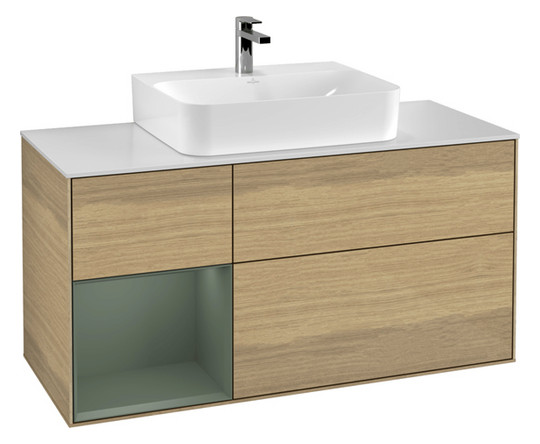 V&B Waschtisch-Unterschrank Finion 120cm, Abdeckplatte white matt, Regal links Olive Matt Lacquer, Oak Veneer
