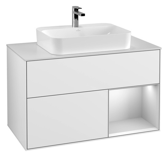 V&B Waschtisch-Unterschrank Finion 100cm, Abdeckplatte white matt, Regal rechts White matt lacquer, Glossy white lacquer