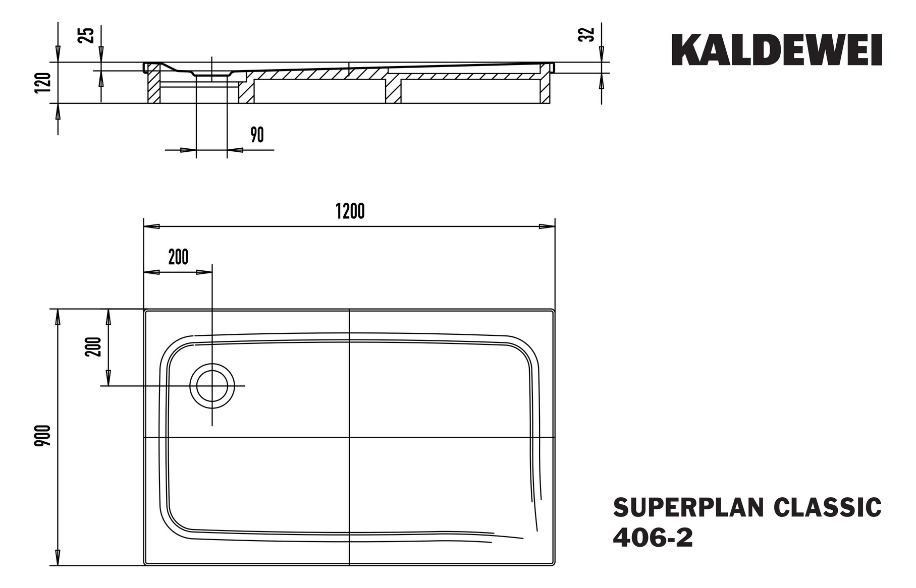 Kaldewei Duschwanne SUPERPLAN CLASSIC 406-2 90x120x2,5cm, mit Träger, Antislip Perl-Effekt, manhattan