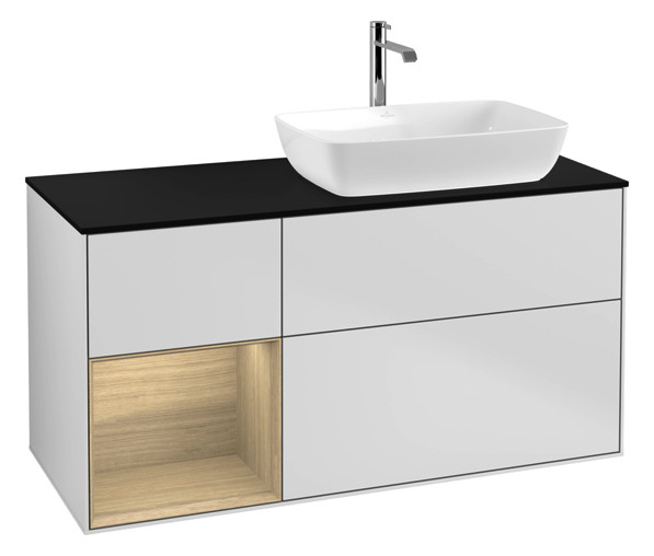 V&B Waschtisch-Unterschrank Finion 120cm, Abdeckplatte black matt, Regal Oak Veneer, White matt lacquer
