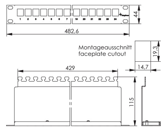 Modulträger 24Ports 1HE Schirm RAL7035 19Zoll-Einbau 44x483x116mm