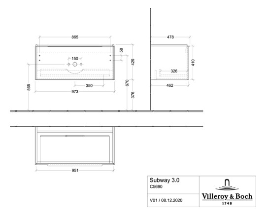 V&B Waschtisch-Unterschrank Subway 3.0 97,3x42,9x47,8cm, ohne LED/Griff Aluminium glänzend, nordic oak