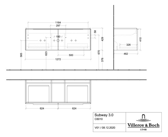 V&B Waschtisch-Unterschrank Subway 3.0 127,2x42,9x47,8cm, ohne LED/Griff Aluminium glänzend, pure white