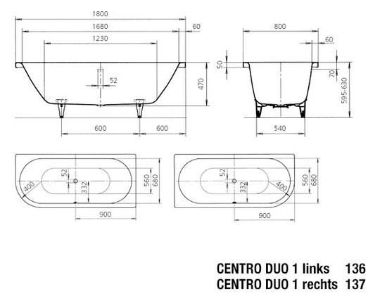 Kaldewei Badewanne CENTRO DUO 1 links 136 180x80cm, Griffloch, Antislip, schwarz