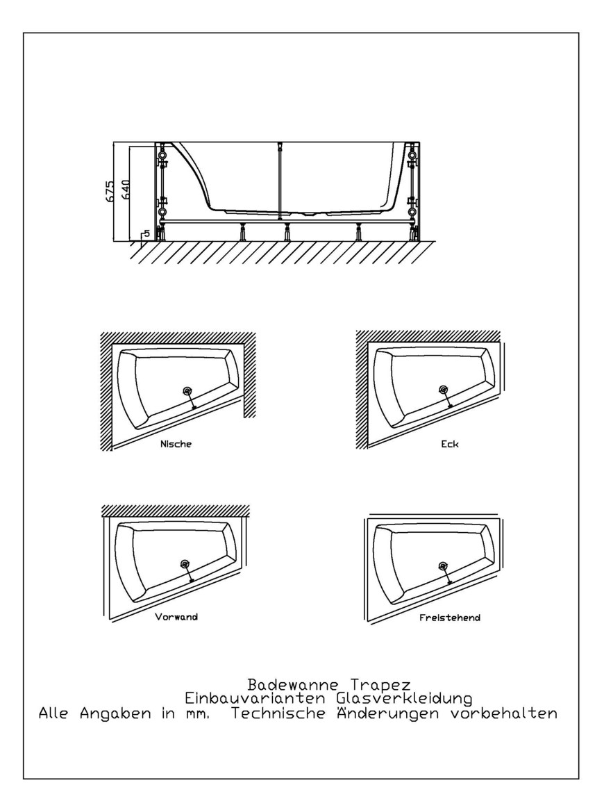 Hoesch Spezial-Untergestell Trapez, 180 x 140 cm, rechts, für Badewanne