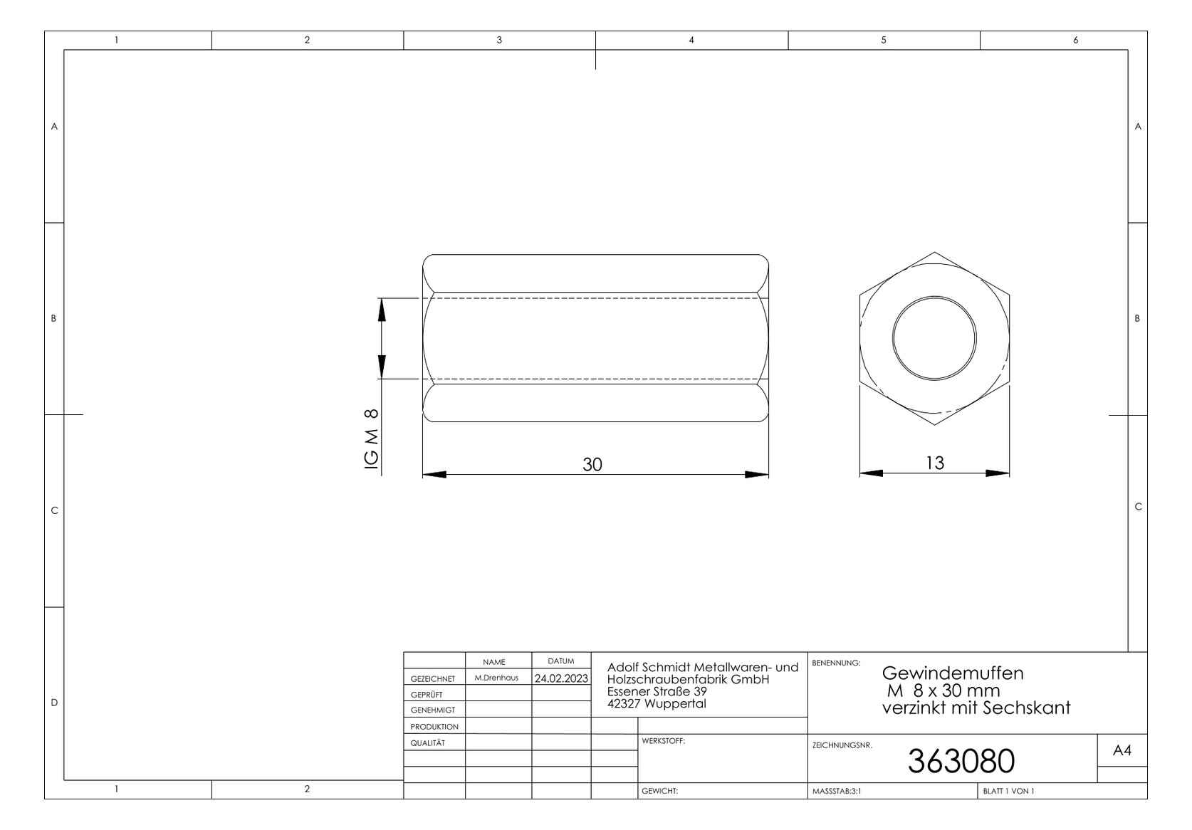 ASW Sechskant-Gewindemuffe M 8 x 30 mm, Stahl verzinkt, mit durchgehendem Gewinde