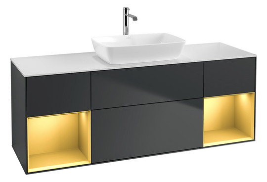 V&B Waschtisch-Unterschrank Wandbeleuchtung Finion 160cm, Abdeckplatte white matt, Regal Gold matt lacquer, Midnight Blue Matt Lacquer