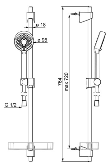 HANSA Brausestangen-Set HANSABASICJET 764 mm, Handbrause dreistrahlig, Seifenschale, chrom, d&#x3D; 18mm