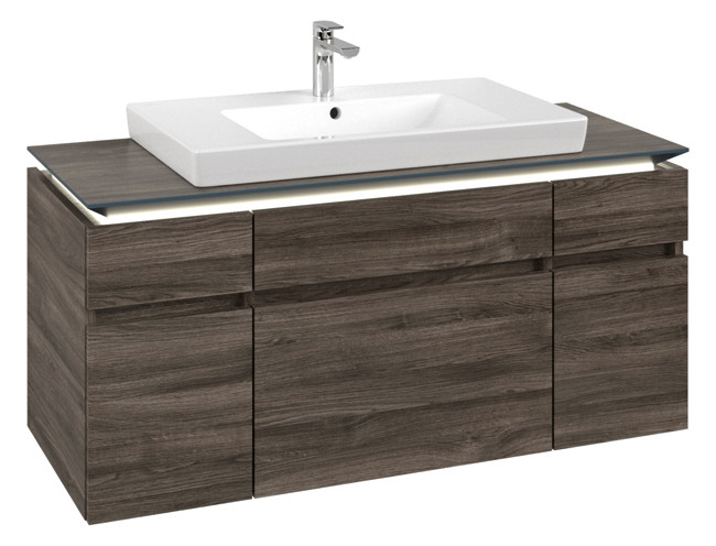 V&B Waschtischunterschrank Legato 120x55x50cm, Waschtisch mittig, mit LED-Beleuchtung, Stone Oak