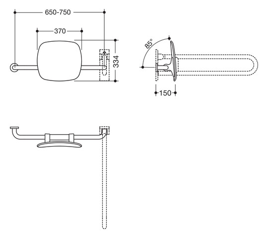 HEWI Rückenstütze 801 Wandabstand 150mm, Ausführung links, matt, Lehne anthrazitgrau, felsgrau