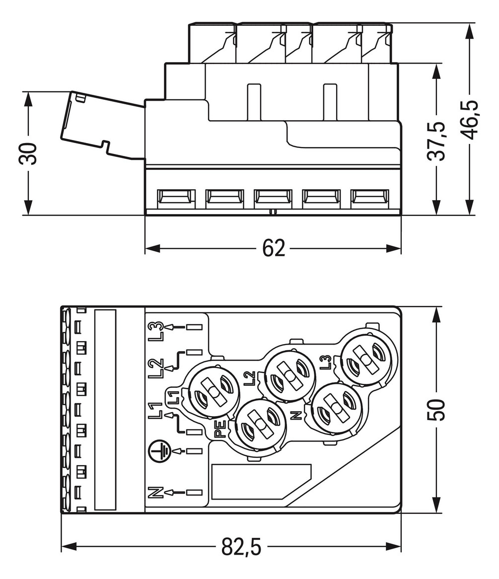 Flachleitungsadapter Serie 772 5p 4qmm 400V 25A sw Einspeisung Federzugans hfr