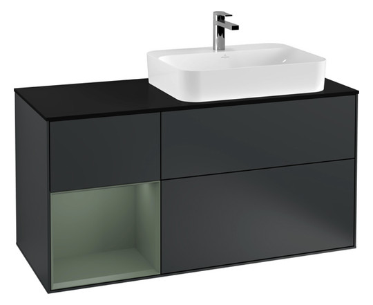 V&B Waschtisch-Unterschrank Finion 120cm, Abdeckplatte black matt, Regal links Olive Matt Lacquer, Midnight Blue Matt Lacquer