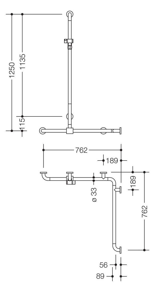 HEWI Duschhandlauf 801 762/762 x 1250 mm, reinweiß, mit Brausehalterstange