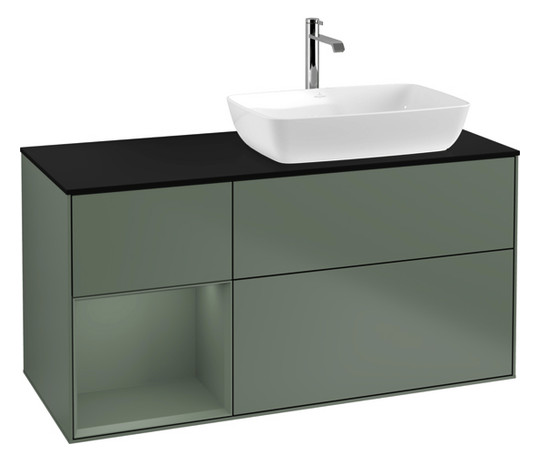 V&B Waschtisch-Unterschrank Finion 120cm, Abdeckplatte black matt, Regal Olive matt lacquer, Olive Matt Lacquer