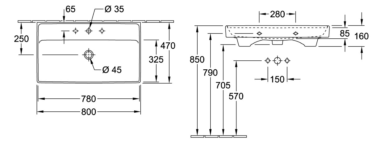 V&B Schrankwaschtisch Collaro 80 x 47 cm, mit Überlauf, stone white C-plus