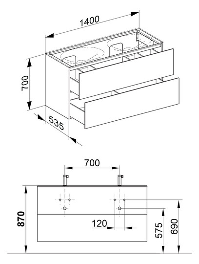 KEUCO Waschtischunterschrank Edition 11 Planning 140x70x53,5cm, 2 Frontauszüge, Strukturlack Anthrazit