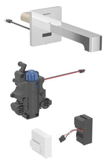 Geberit Infrarot-Waschtisch-Armatur Brenta 17 cm, Wandmontage, Netzbetrieb, UP-Funktionsbox, mit Thermostatmischer, hochglanz-verchromt