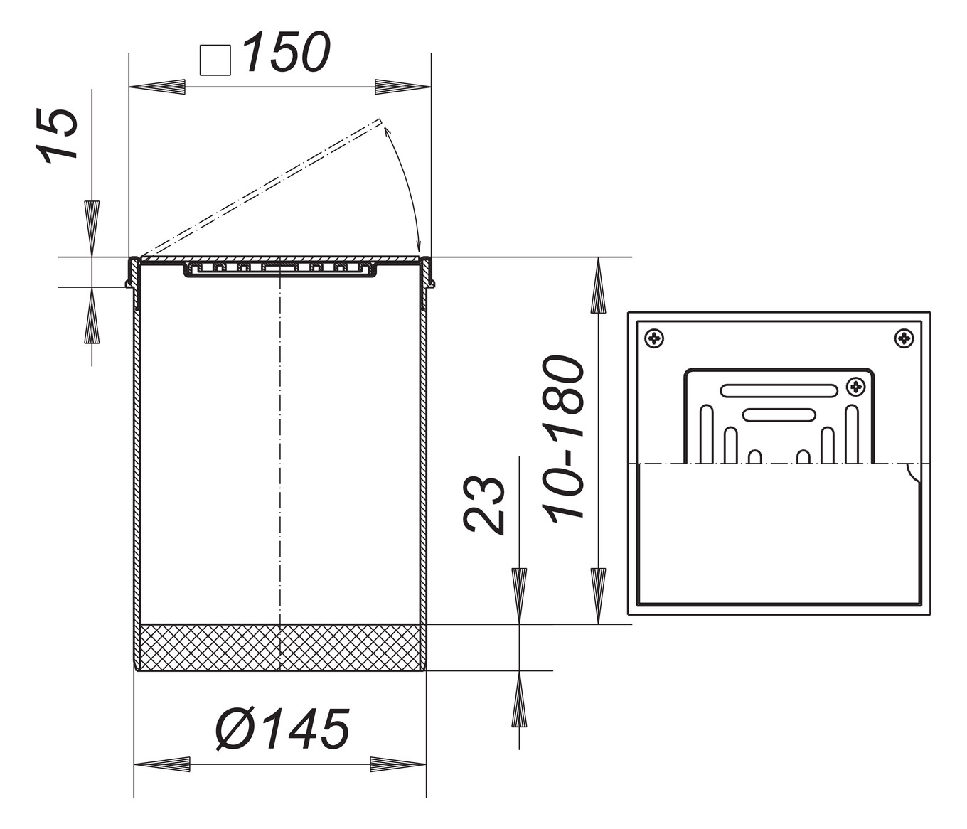 Dallmer Aufsatz S 15 DES 15 150 x 150 mm, Rost 90 x 90 mm, Edelstahl Abdeckplatte massiv