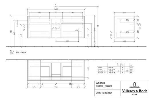 V&B Waschtischunterschrank Collaro 140x54,8x50cm, Waschtisch mittig, LED-Beleuchtung 10,4 W, glossy grey