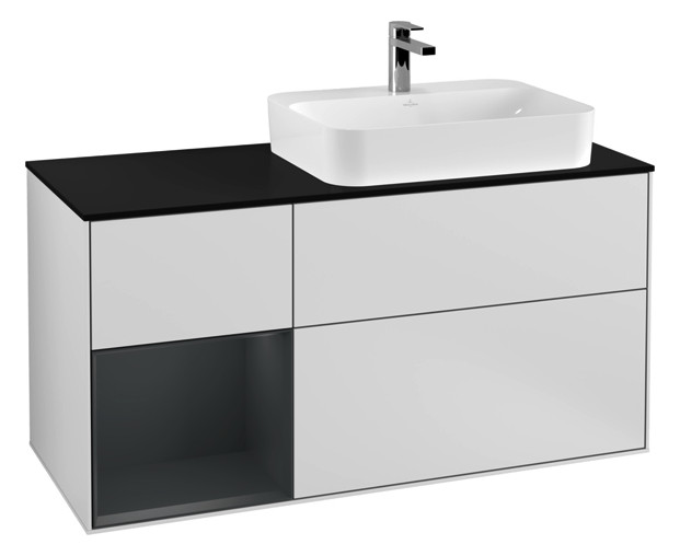 V&B Waschtisch-Unterschrank Finion 120cm, Abdeckplatte black matt, Regal links Midnight Blue Matt Lacquer, White matt lacquer