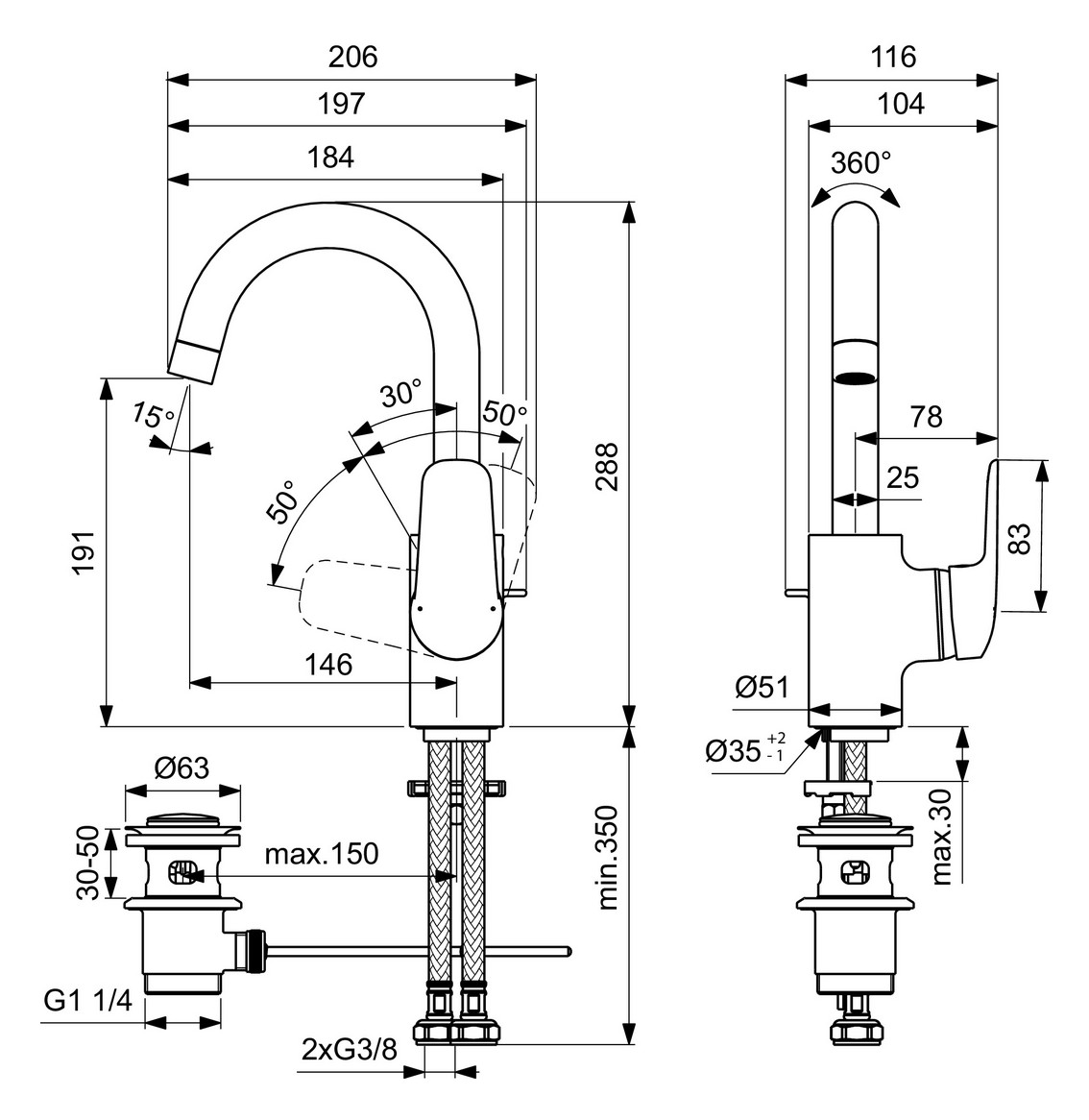 Ideal-Standard Waschtisch-Einhebelmischer CeraFlex mit hohem/schwenkbarem Auslauf, mit Ablaufgarnitur, chrom