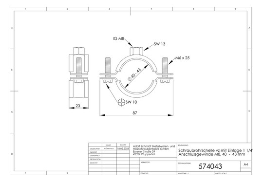 ASW Schraubrohrschelle Spannbereich 40-43 mm M 8, mit Schallschutzeinlage