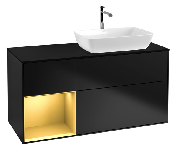 V&B Waschtisch-Unterschrank Finion 120cm, Abdeckplatte black matt, Regal Gold matt lacquer, Black matt lacquer
