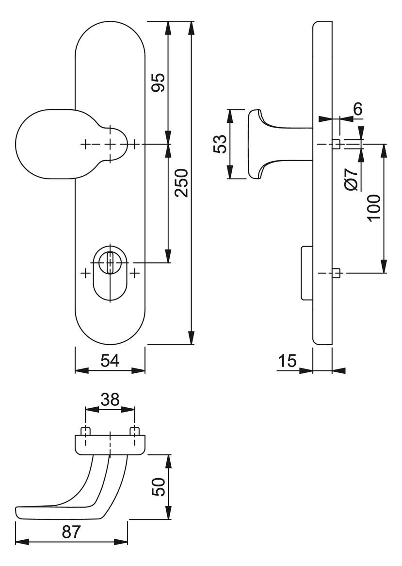Bild HOPPE Sicherheits-Halbgarnitur M86G/3332ZA, Langschild oval, 15mm, ES 1, mit Zylinderabdeckung, Profilzylinder gelocht, Entfernung 92mm, Vierkant 10mm, Türstärke 67-72mm, anthrazitfarben satiniert-Resista®-1
