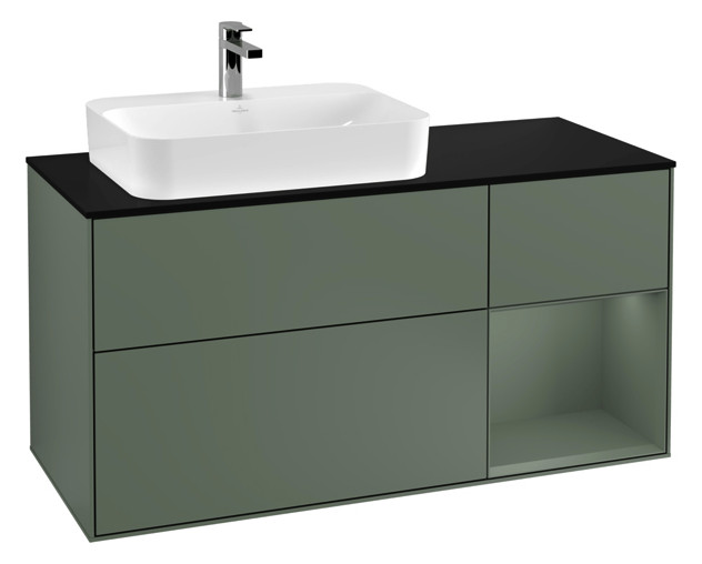 V&B Waschtisch-Unterschrank Finion 120cm, Abdeckplatte black matt, Regal rechts Olive Matt Lacquer, Olive Matt Lacquer V&B Waschtisch-Unterschrank Finion 120cm, Abdeckplatte black matt, Regal rechts Olive Matt Lacquer, Olive Matt Lacquer