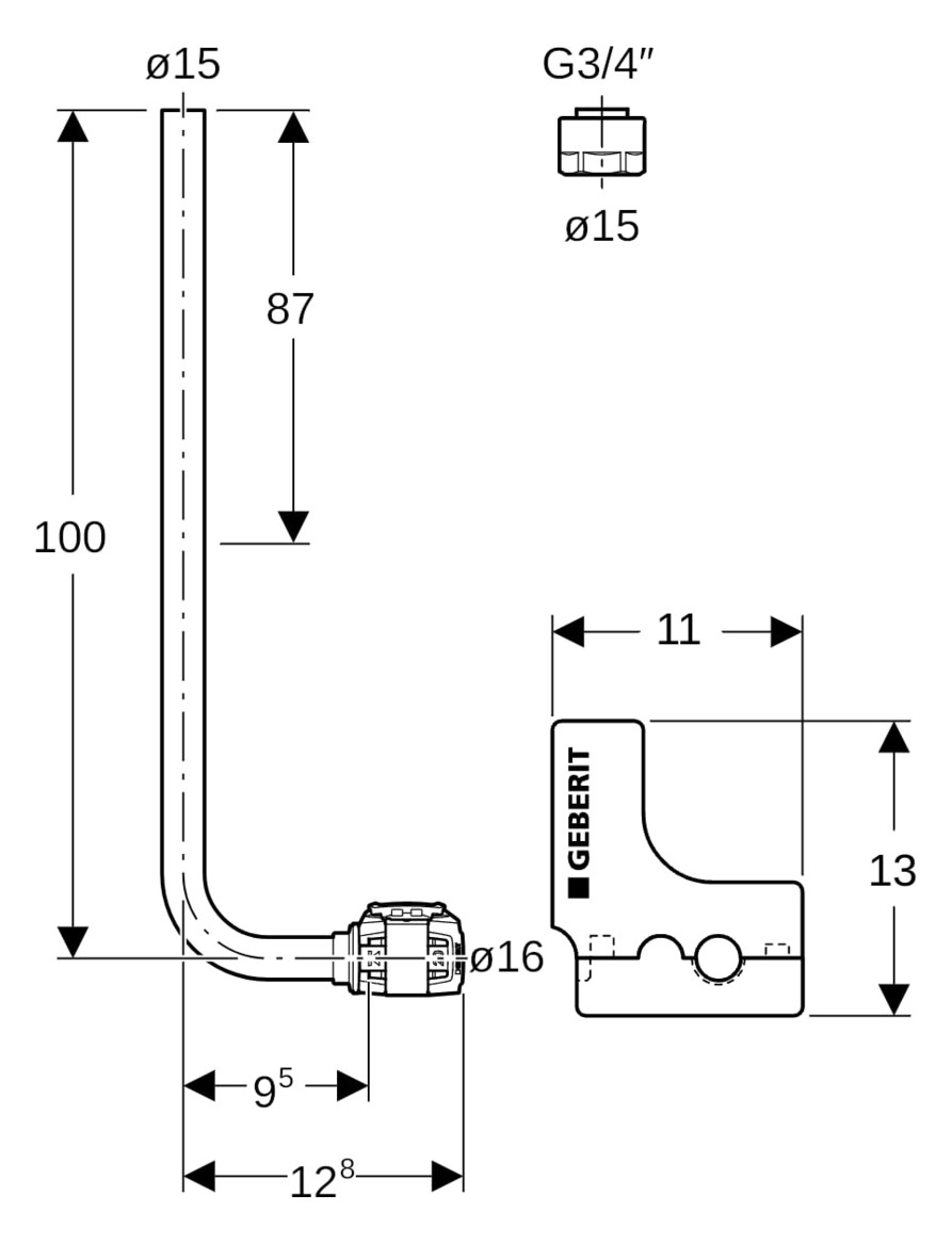 Geberit Metallrohr-Anschlussbogen FlowFit Ø 16/15 mm x G 3/4, 1000 mm, 90Grad
