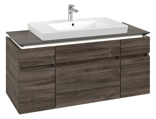 V&B Waschtischunterschrank Legato 120x55x50cm, Waschtisch mittig, mit LED-Beleuchtung, Stone Oak