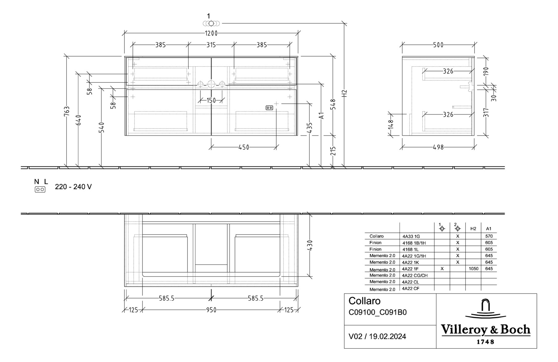 V&B Waschtischunterschrank Collaro 120x54,8x50cm, Waschtisch mittig, LED-Beleuchtung 8,8 W, white wood