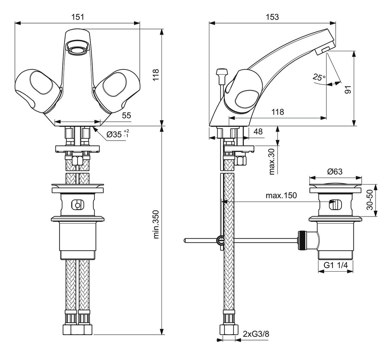 Ideal-Standard Waschtisch-Zweigriff-Armatur Alpha mit Ablaufgarnitur, Ausladung 120mm, verchromt