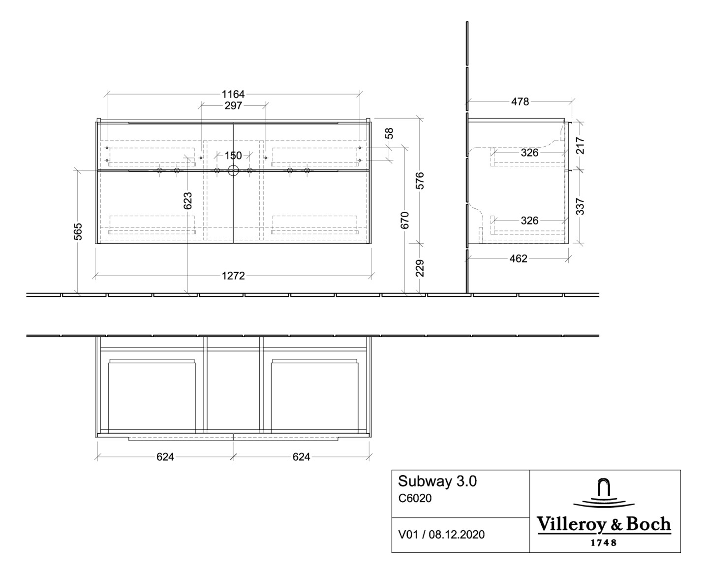 V&B Waschtisch-Unterschrank Subway 3.0 127,2x57,6x47,8cm, ohne LED/Griff Volcano black, kansas oak