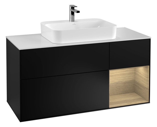 V&B Waschtisch-Unterschrank Finion 120cm, Abdeckplatte white matt, Regal rechts Oak Veneer, Black matt lacquer