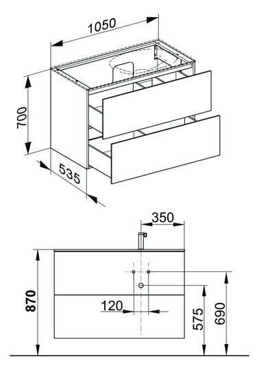 KEUCO Waschtischunterschrank Edition 11 Planning 105x70x53,5cm, 2 Frontauszüge, rechts, Innenbeleuchtung, Lack Seidenmatt, Glas Anthrazit klar