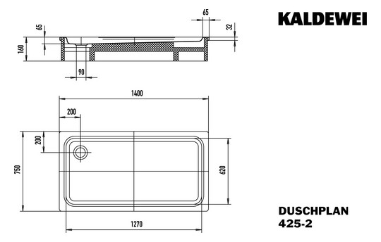 Kaldewei Duschwanne DUSCHPLAN 425-2 75x140cm, mit Träger, Vollantislip Perl-Effekt, pergamon