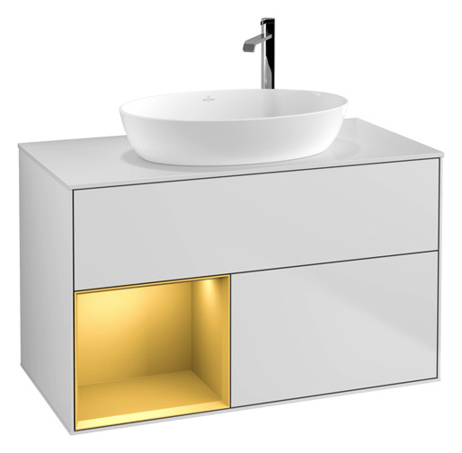 V&B Waschtisch-Unterschrank Wandbeleuchtung Finion 100cm, Abdeckplatte white matt, Regal Gold matt lacquer, White matt lacquer