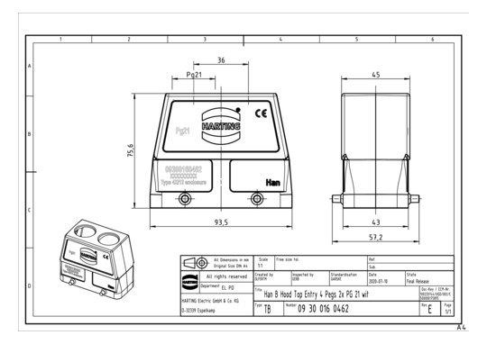 HART Tüllengehäuse Pg2x21    09300160462 